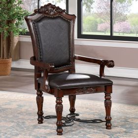 Majestic Traditional 2pcs Arm Chairs Brown Cherry Solid wood Faux Wood Carved Details Black Leatherette Seats Formal Dining Room Furniture
