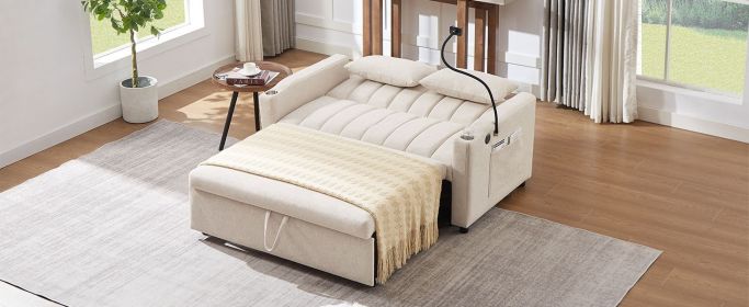 55.9" Convertible Sofa Bed Loveseat Sofa with Three USB Ports, Two Side Pockets, Two Cup Holders and 360Â°Swivel Phone Holder for Living Room, Beige