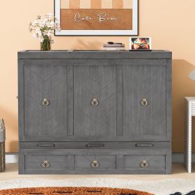 Queen Size Murphy Bed with USB Port and a Large Drawer, Gray