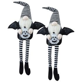 Set of 2, 4.3x3.5x23.5" Fabric Sitting Black Gnome With Wings & Black-White Plaid Hat, for Halloween Decor