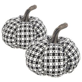 Set of 2, 7x7x6.7" Fabric Black-White Plaid Pumpkin Decor, for Holiday Halloween Decoration