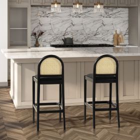 Panama 30.5" Curved Back Cane Rattan Bar Stool, Set of 2, Ebony Black Boucle