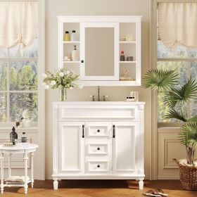 36'' Bathroom Vanity with Top Sink, White Mirror Cabinet, Modern Bathroom Storage Cabinet with 2 Soft Closing Doors and 2 Drawers