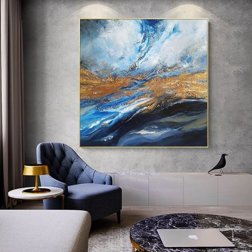 New Painting Home Decoration Modern Hand Painted Abstract Painting With Blue And Gold Texture Large Living Room Wall Picture